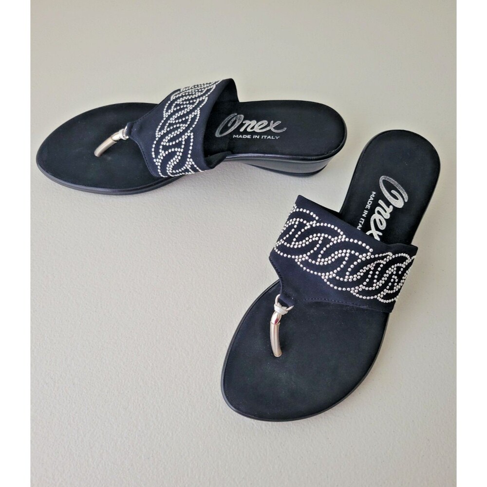 Onex Made in Italy Black Embellished Rhinestone Thong Sandals Women's Size 7